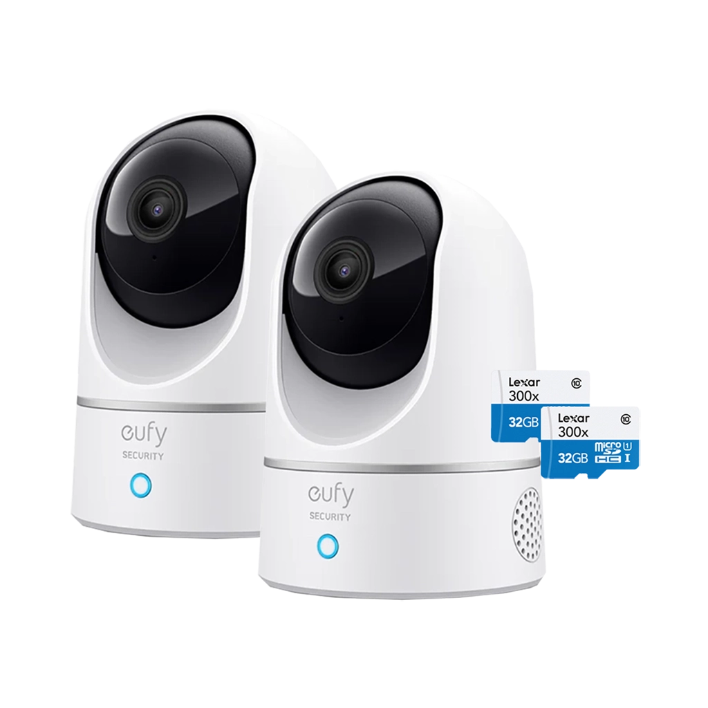 Eufy Security eufy Indoor Cam - 2K with Pan and Tilt (Twin Pack Bundle)  with 2x Lexar 32GB High Performance 300x microSDHC Memory Cards (UHS-I) -  Orms Direct - South Africa