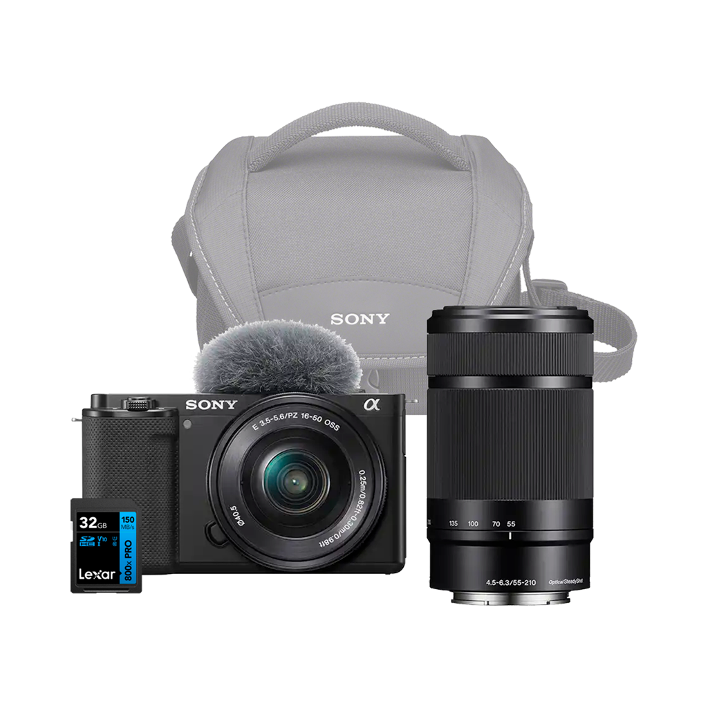 Sony ZV-E10 Mirrorless Camera with 16-50mm and 55-210mm Lens + Sony Soulder Bag and 32GB SD Card (Black)